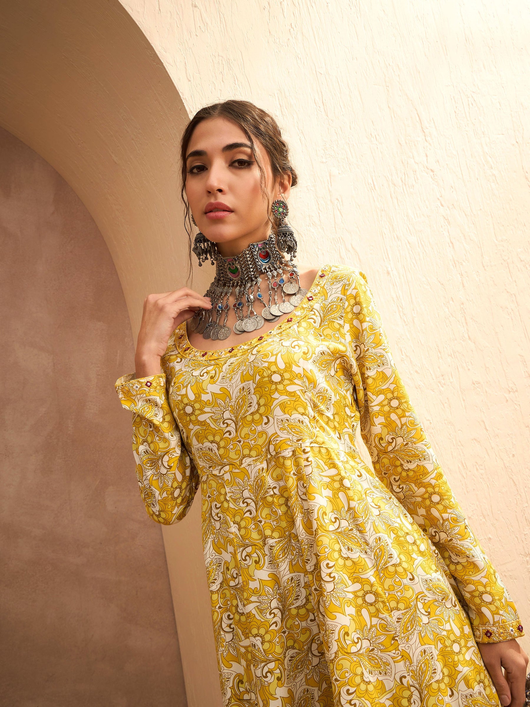 Yellow Floral Anarkali Kurta With Pencil Pants-Shae by SASSAFRAS