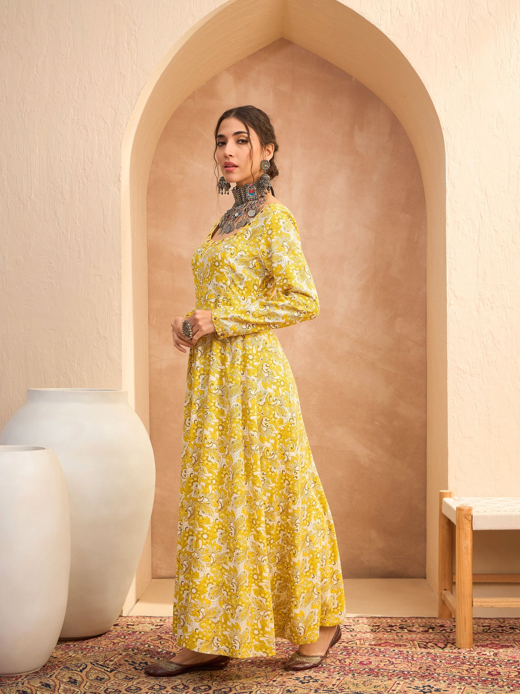 Yellow Floral Anarkali Kurta With Pencil Pants-Shae by SASSAFRAS