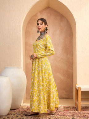 Yellow Floral Anarkali Kurta With Pencil Pants-Shae by SASSAFRAS