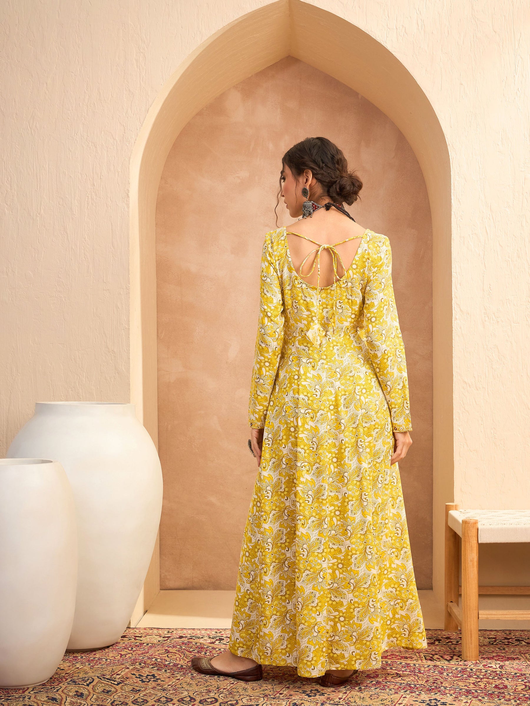 Yellow Floral Anarkali Kurta With Pencil Pants-Shae by SASSAFRAS