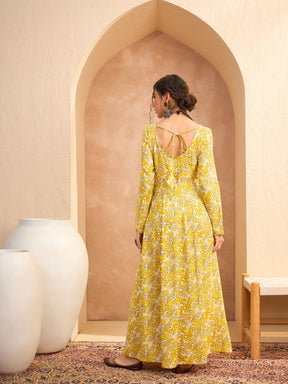 Yellow Floral Anarkali Kurta With Pencil Pants-Shae by SASSAFRAS