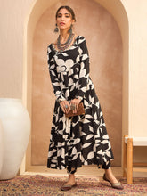 Black Floral Anarkali Kurta With Pencil Pants-Shae by SASSAFRAS