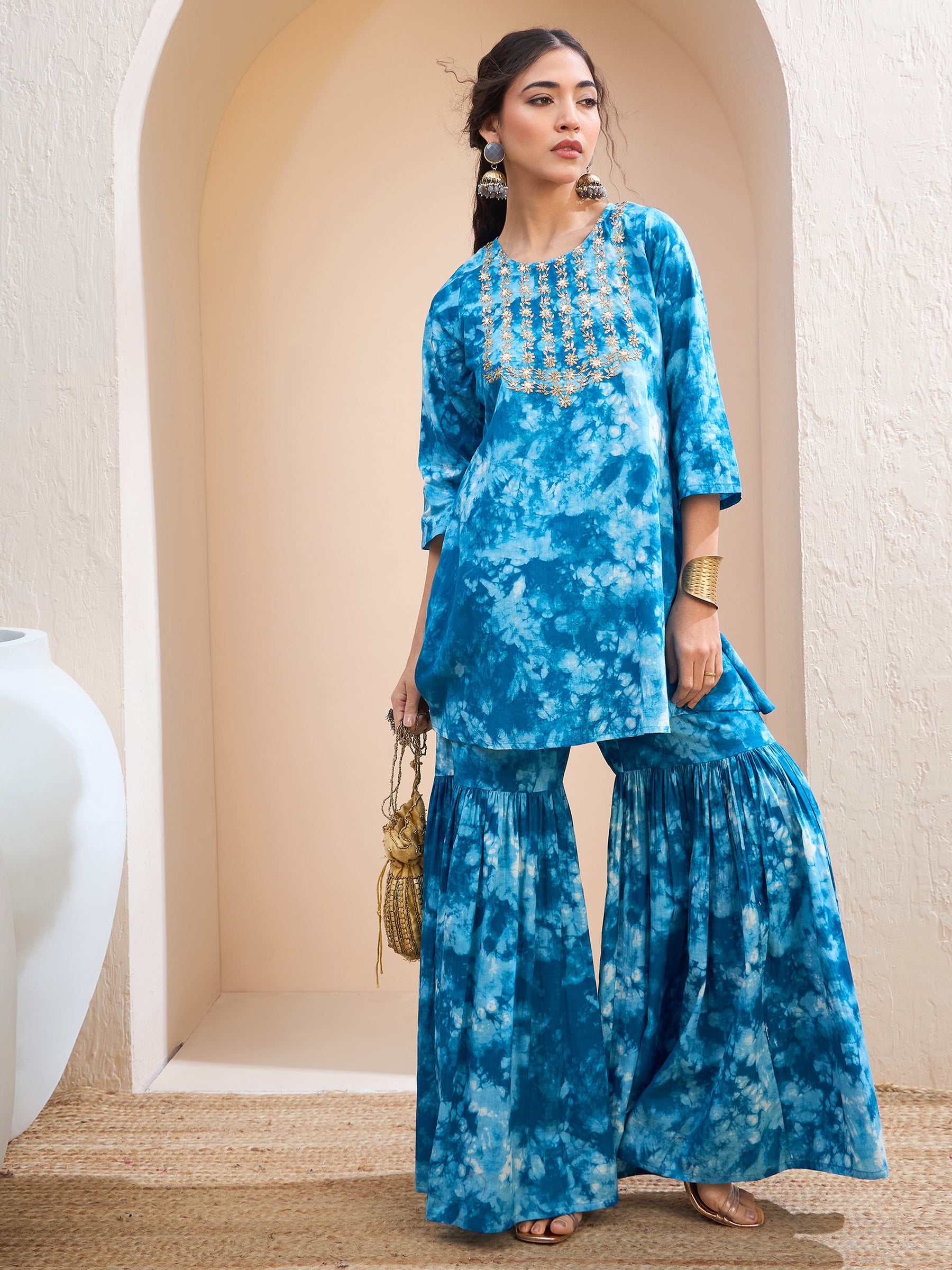 Blue Tie & Dye Short Kurta With Sharara Pants-Shae by SASSAFRAS