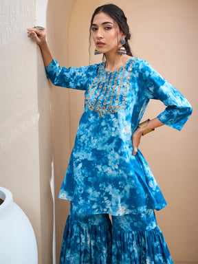 Blue Tie & Dye Short Kurta With Sharara Pants-Shae by SASSAFRAS