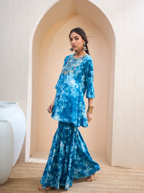 Blue Tie & Dye Short Kurta With Sharara Pants-Shae by SASSAFRAS