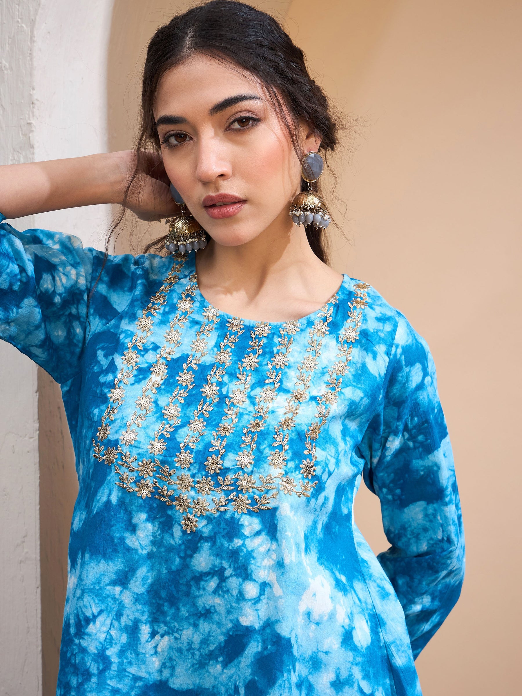 Blue Tie & Dye Short Kurta With Sharara Pants-Shae by SASSAFRAS