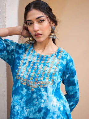 Blue Tie & Dye Short Kurta With Sharara Pants-Shae by SASSAFRAS