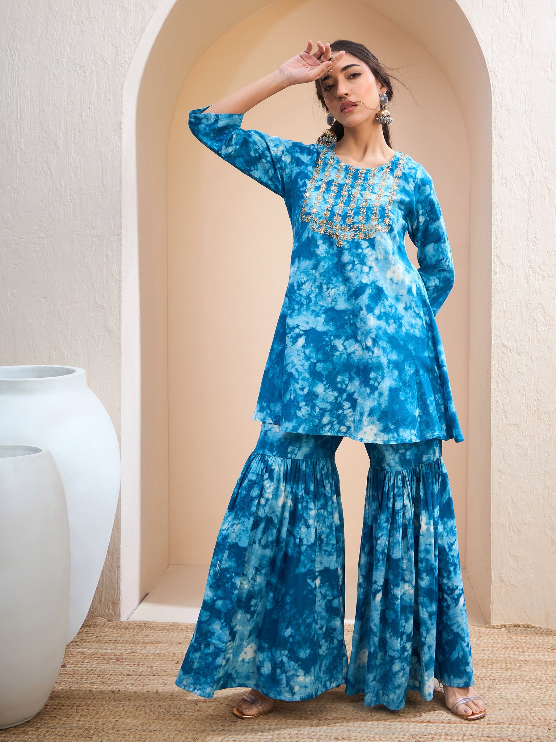 Blue Tie & Dye Short Kurta With Sharara Pants-Shae by SASSAFRAS