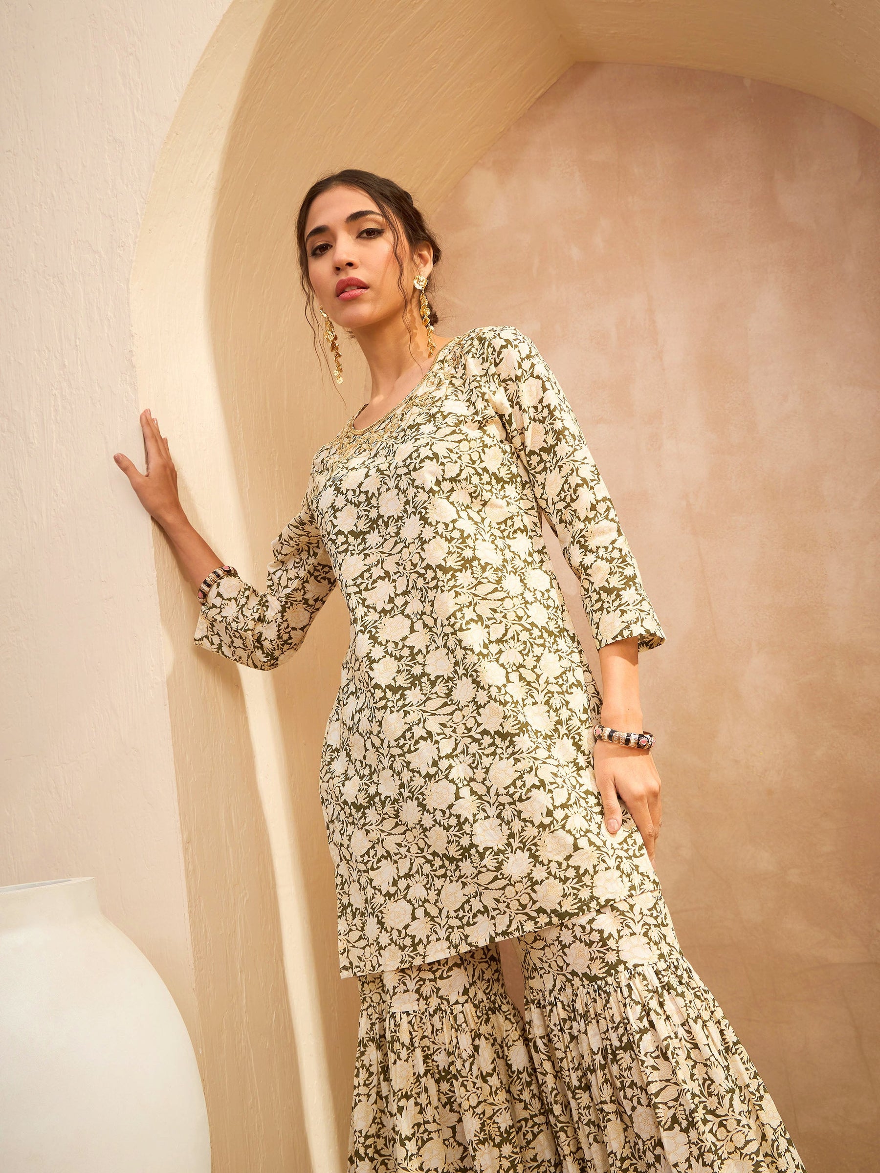 Olive Floral Embroidered Kurta With Sharara Pants-Shae by SASSAFRAS