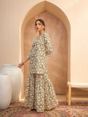 Olive Floral Embroidered Kurta With Sharara Pants-Shae by SASSAFRAS