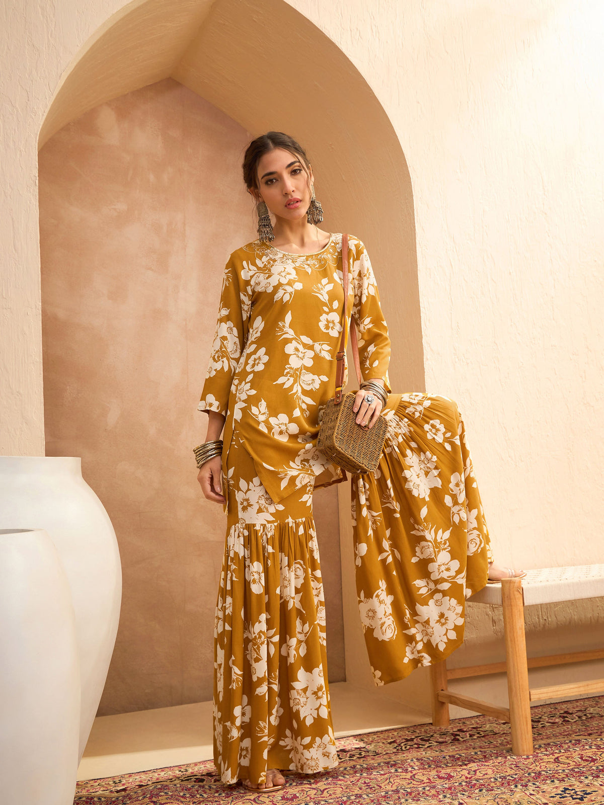 Mustard Floral Embroidered Kurta With Sharara Pants-Shae by SASSAFRAS