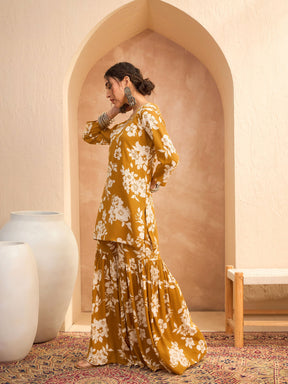 Mustard Floral Embroidered Kurta With Sharara Pants-Shae by SASSAFRAS