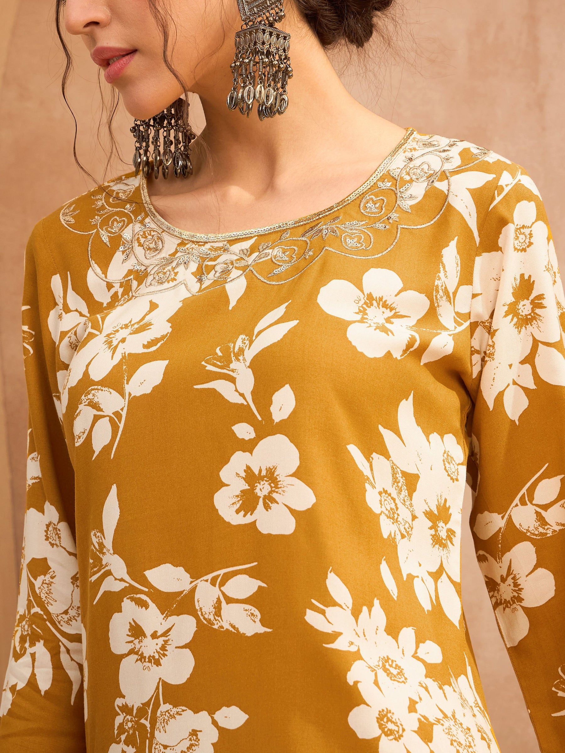 Mustard Floral Embroidered Kurta With Sharara Pants-Shae by SASSAFRAS