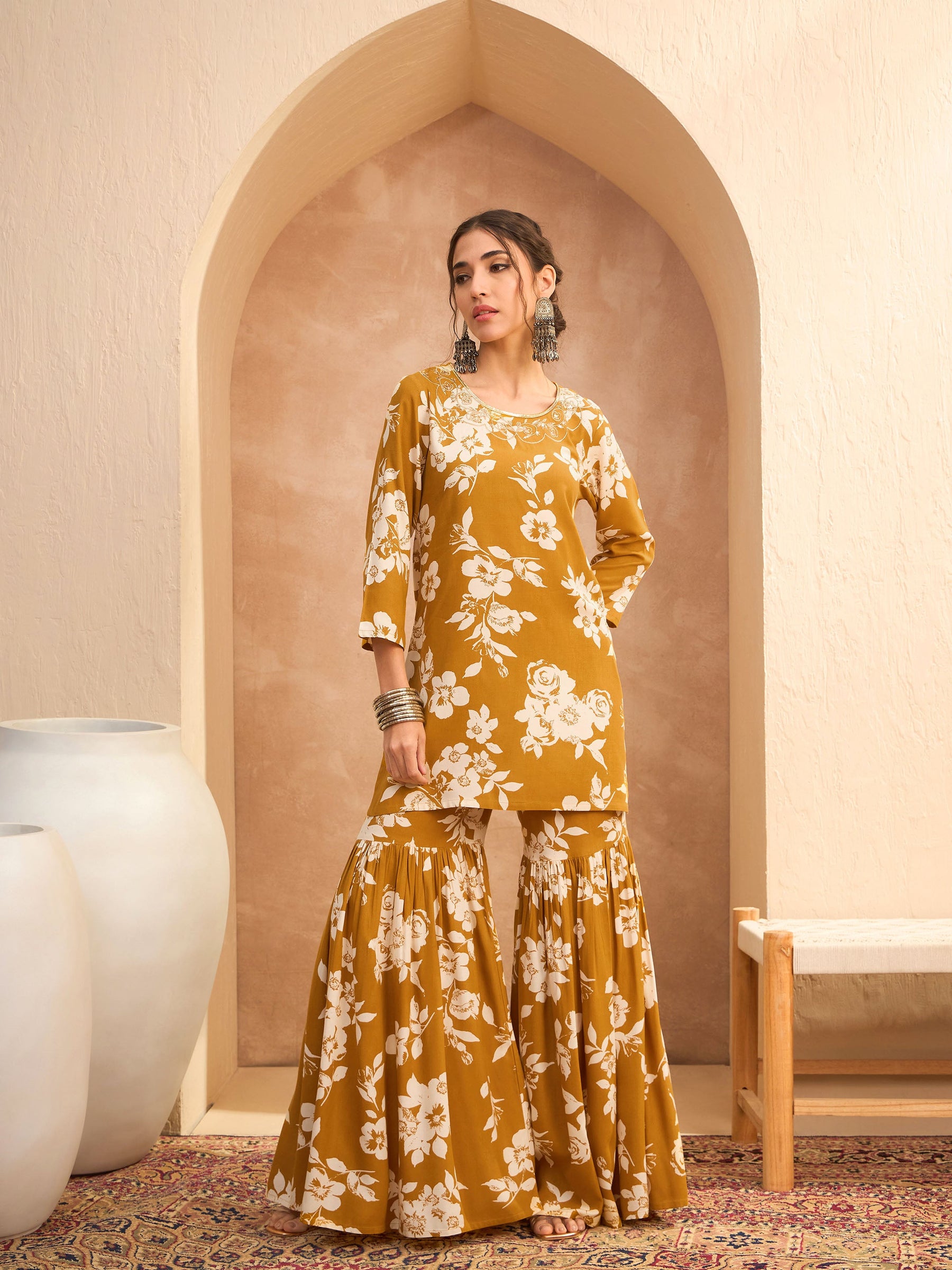 Mustard Floral Embroidered Kurta With Sharara Pants-Shae by SASSAFRAS