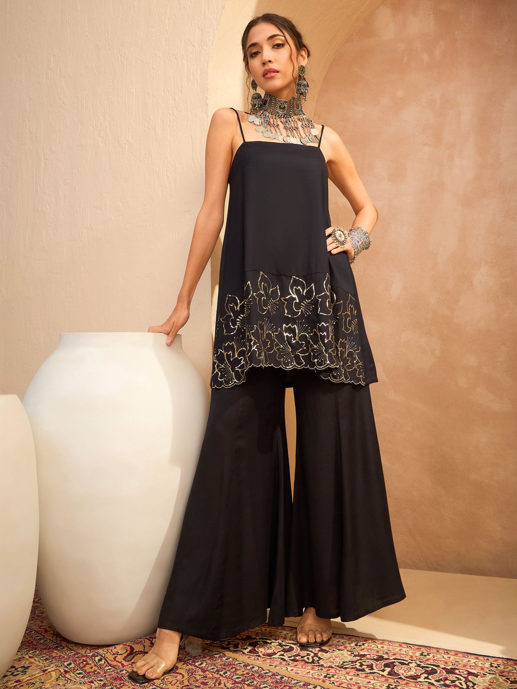 Black Embroidered Strappy Kurta With Palazzos-Shae by SASSAFRAS