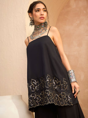 Black Embroidered Strappy Kurta With Palazzos-Shae by SASSAFRAS