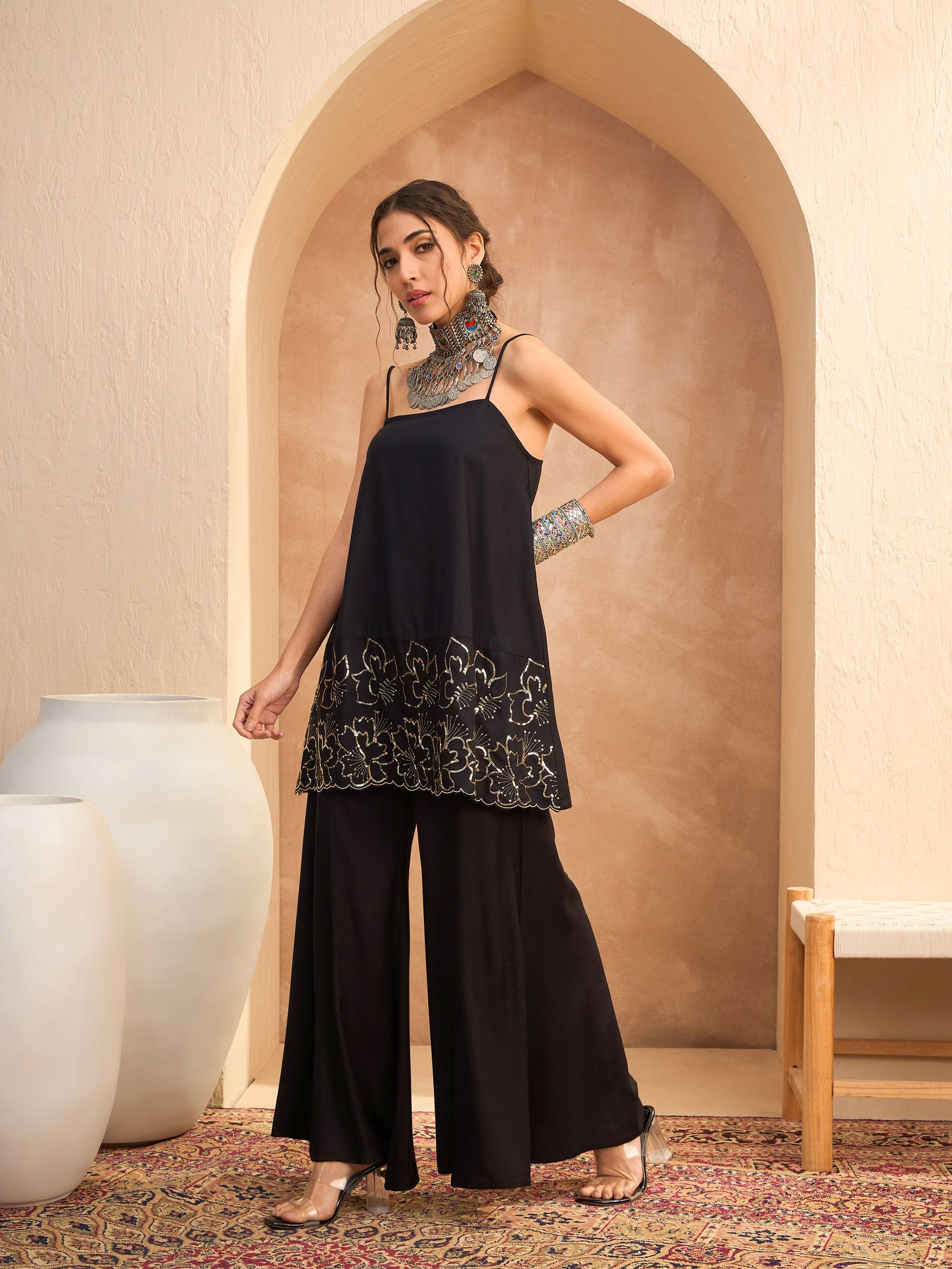 Black Embroidered Strappy Kurta With Palazzos-Shae by SASSAFRAS