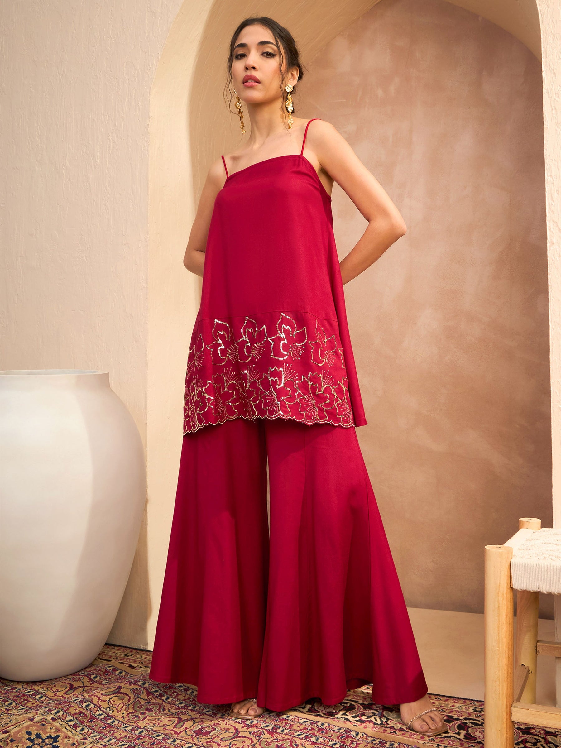 Maroon Embroidered Strappy Kurta With Palazzos-Shae by SASSAFRAS