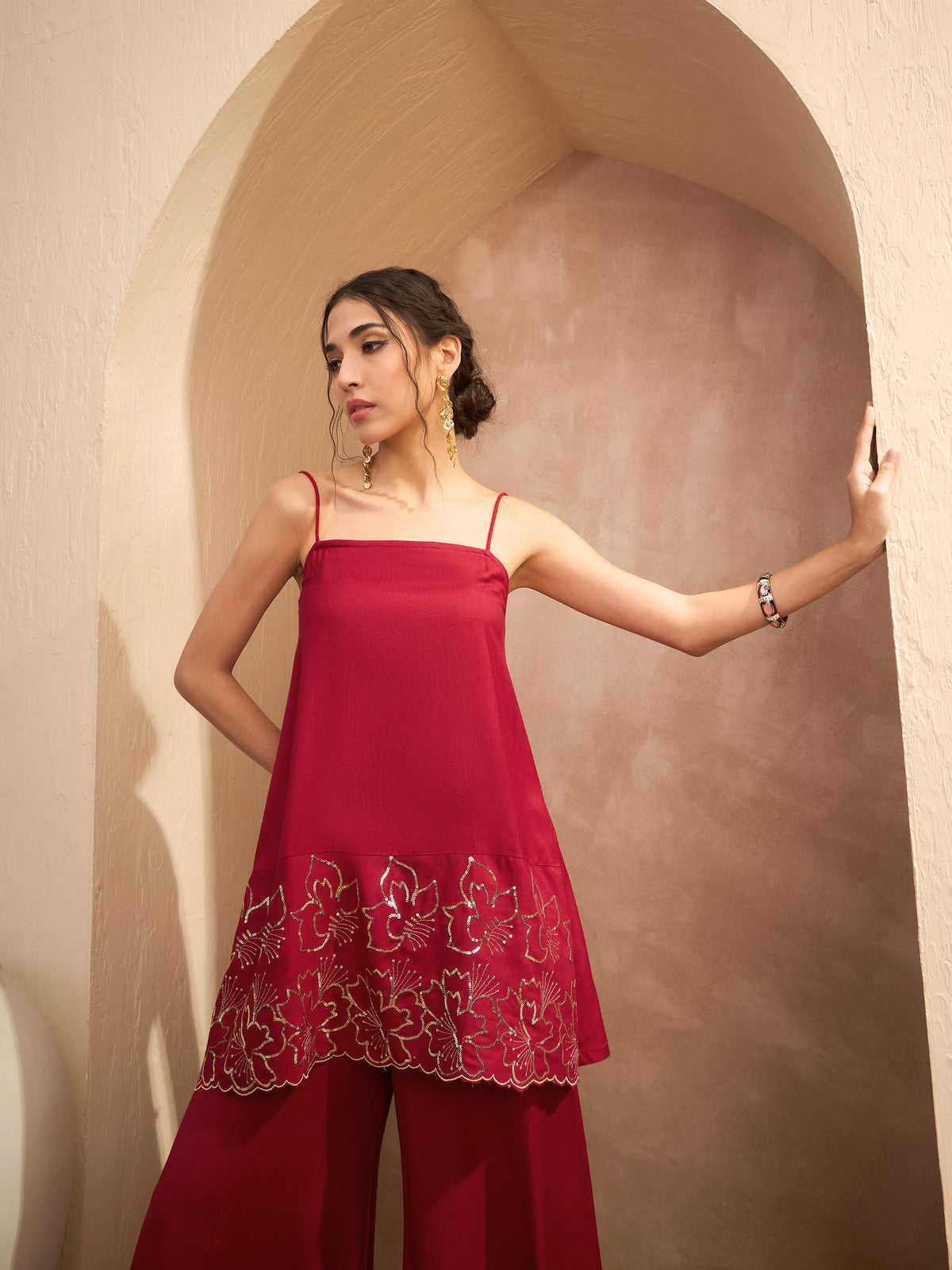 Maroon Embroidered Strappy Kurta With Palazzos-Shae by SASSAFRAS