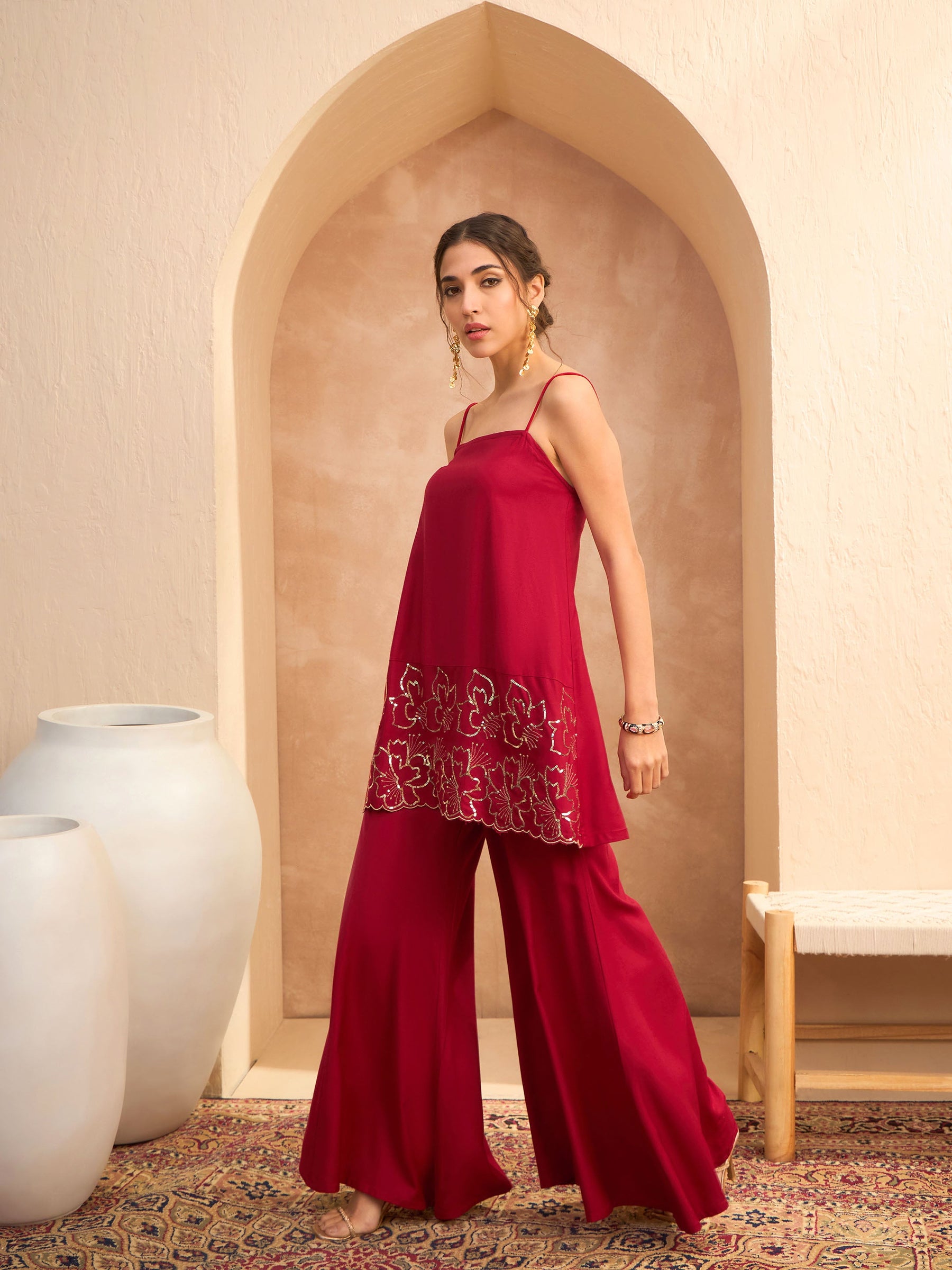 Maroon Embroidered Strappy Kurta With Palazzos-Shae by SASSAFRAS