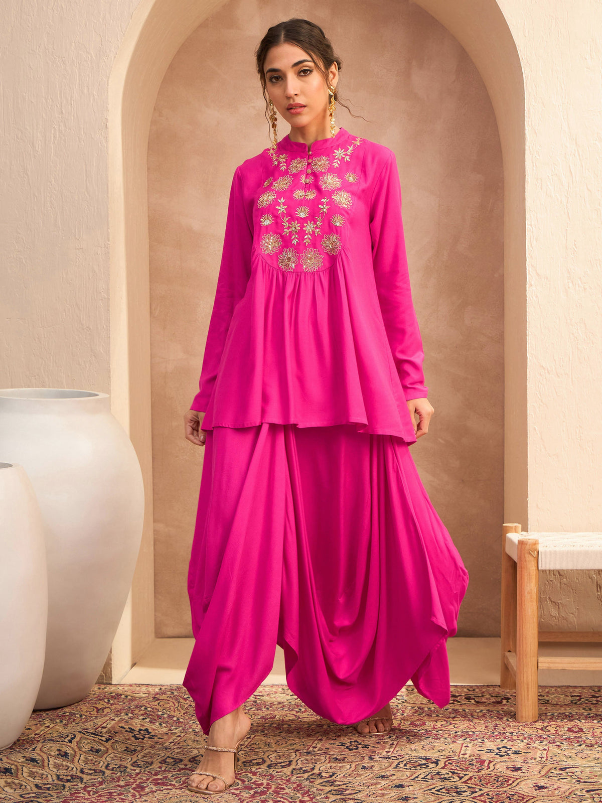 Fuchsia Embroidered Peplum Top With Dhoti Skirt-Shae by SASSAFRAS