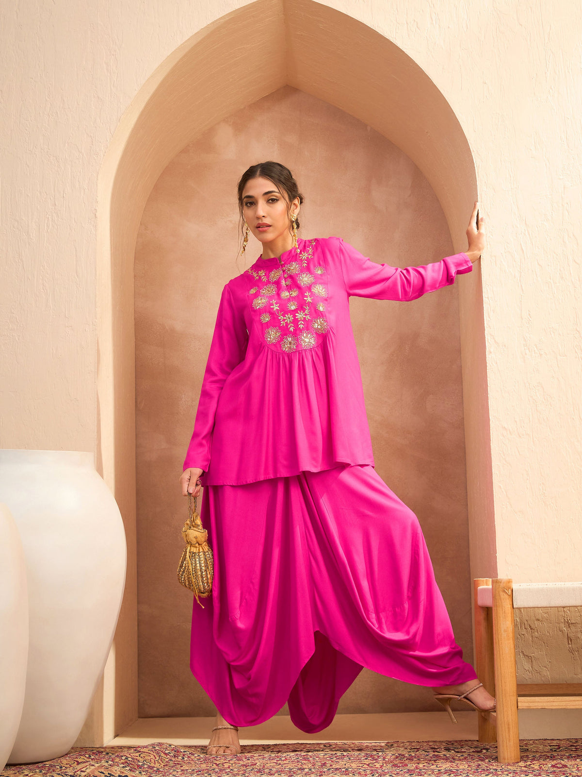 Fuchsia Embroidered Peplum Top With Dhoti Skirt-Shae by SASSAFRAS