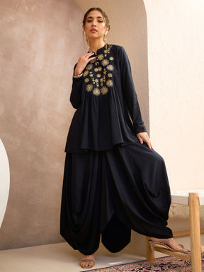 Black Embroidered Peplum Top With Dhoti Skirt-Shae by SASSAFRAS