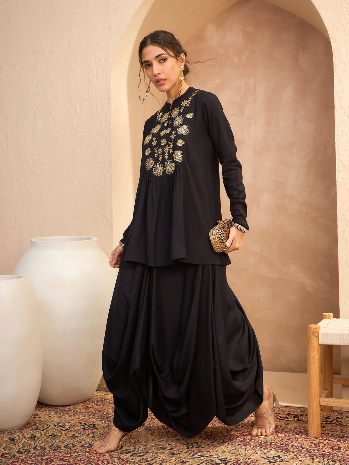 Black Embroidered Peplum Top With Dhoti Skirt-Shae by SASSAFRAS