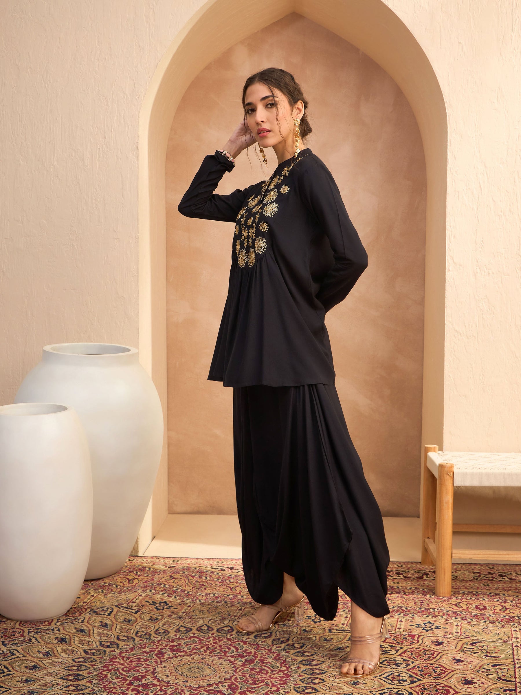 Black Embroidered Peplum Top With Dhoti Skirt-Shae by SASSAFRAS