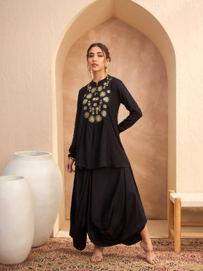 Black Embroidered Peplum Top With Dhoti Skirt-Shae by SASSAFRAS