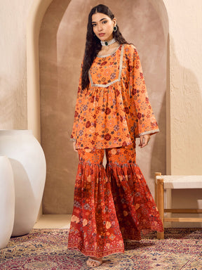 Orange Floral Short Kurta With Sharara Pants -Shae by SASSAFRAS