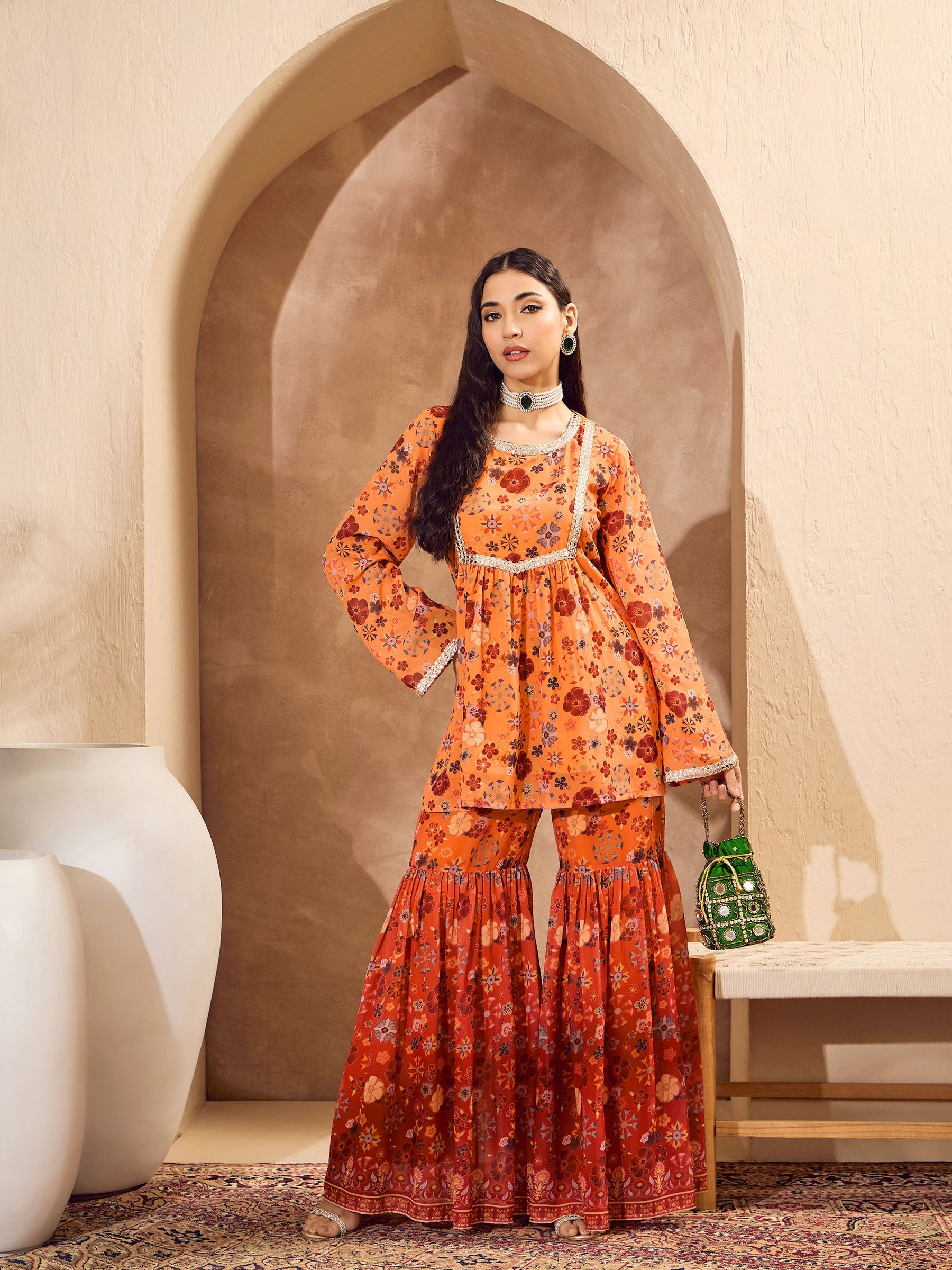 Orange Floral Short Kurta With Sharara Pants -Shae by SASSAFRAS