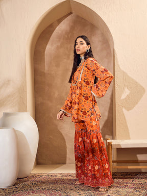 Orange Floral Short Kurta With Sharara Pants -Shae by SASSAFRAS