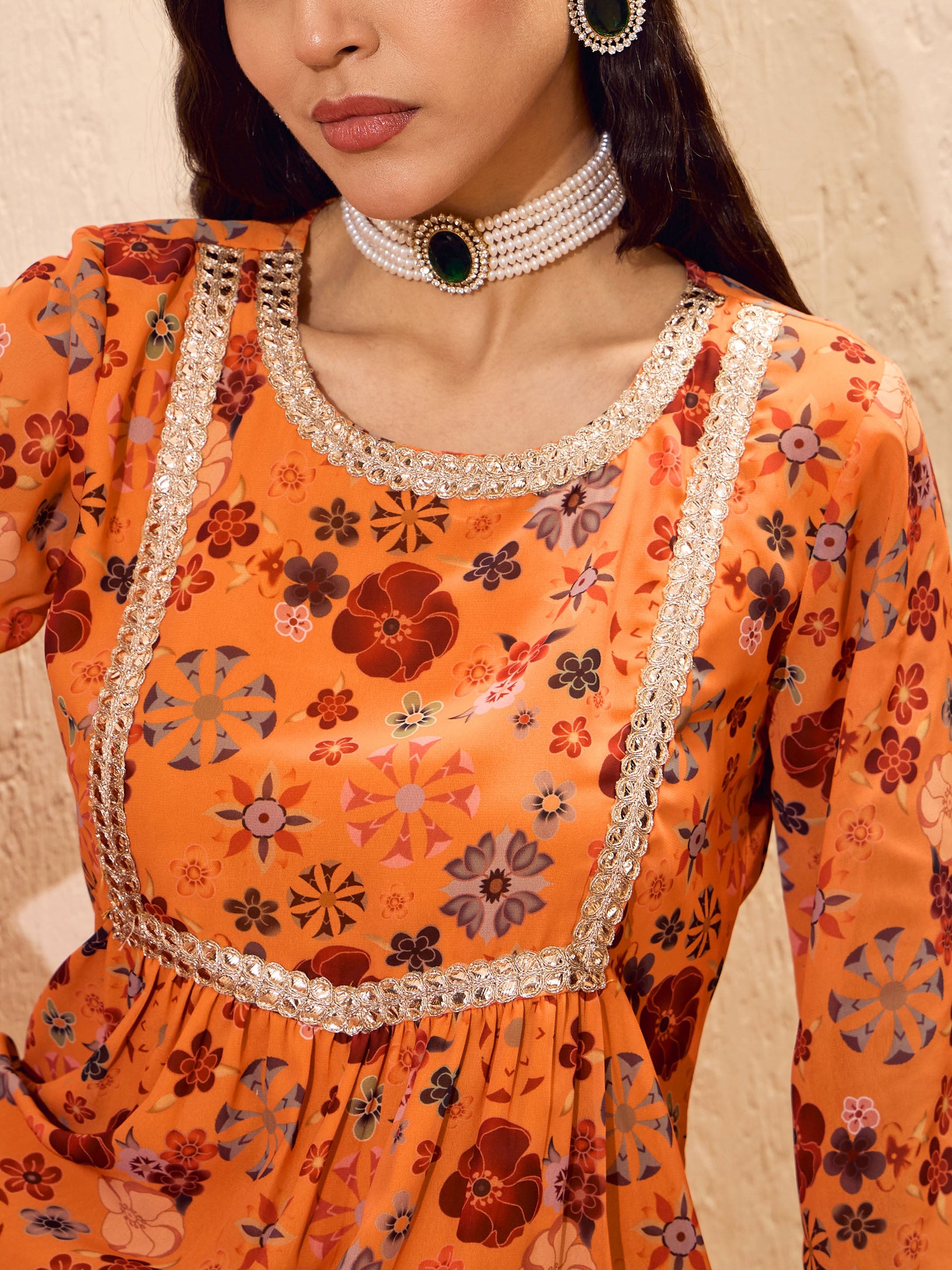 Orange Floral Short Kurta With Sharara Pants -Shae by SASSAFRAS