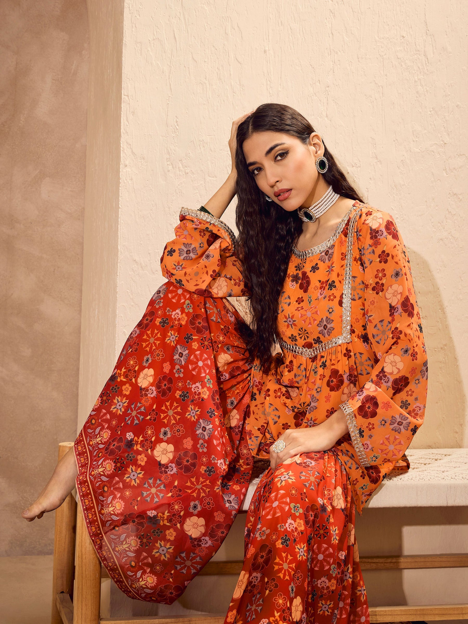 Orange Floral Short Kurta With Sharara Pants -Shae by SASSAFRAS