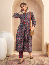 Black Floral Gathered Kurta With Pencil Pants-Shae by SASSAFRAS