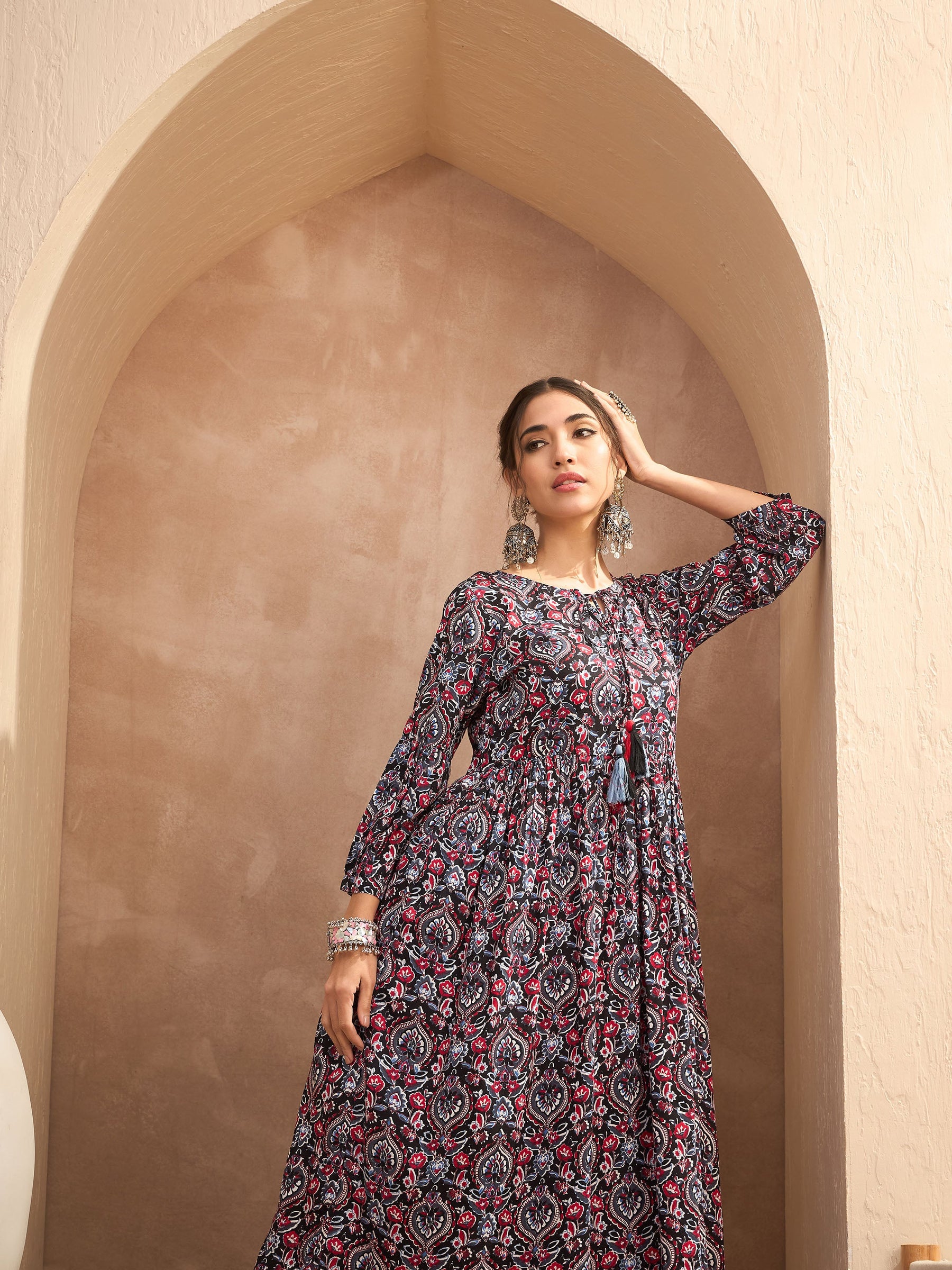 Black Floral Gathered Kurta With Pencil Pants-Shae by SASSAFRAS