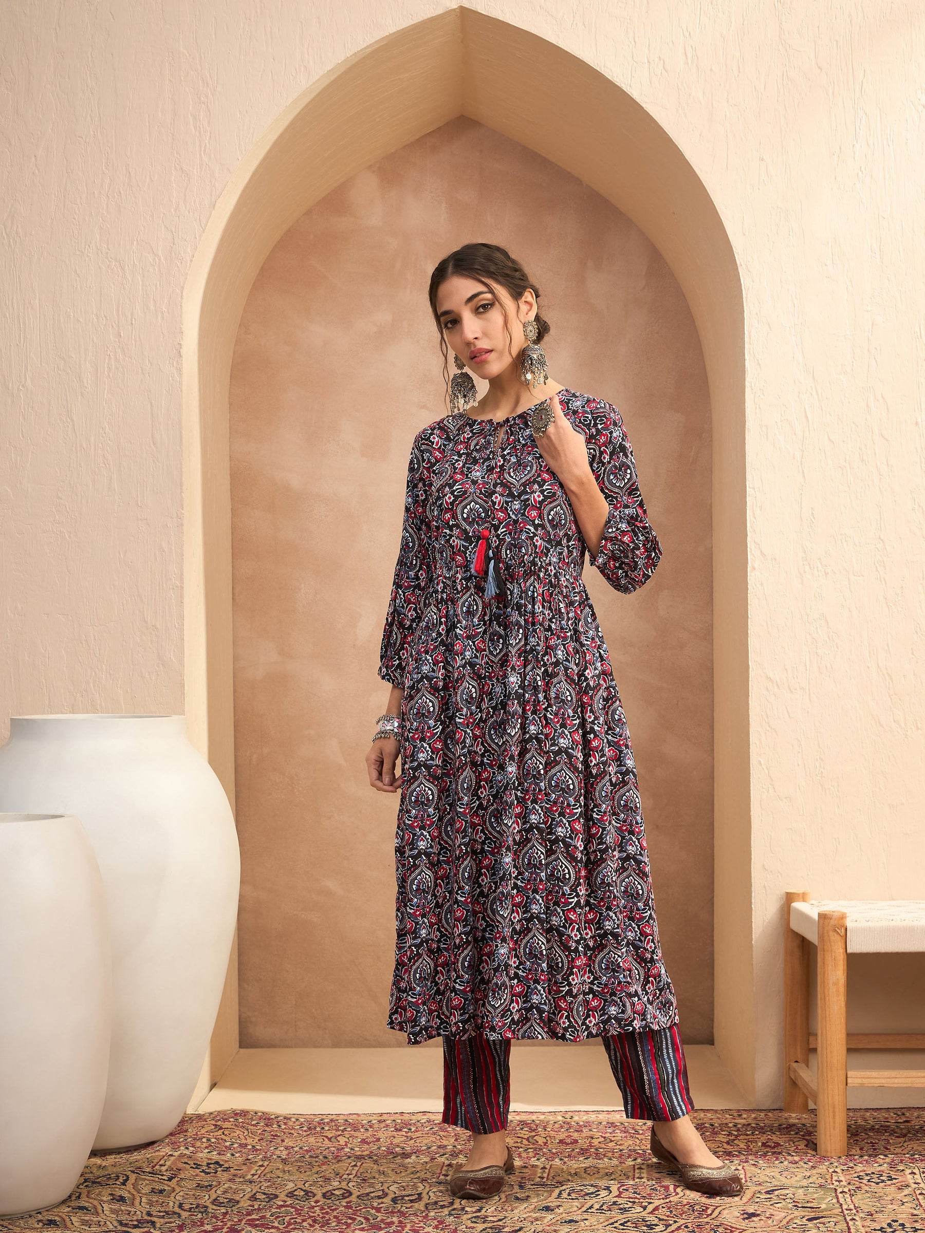 Black Floral Gathered Kurta With Pencil Pants-Shae by SASSAFRAS