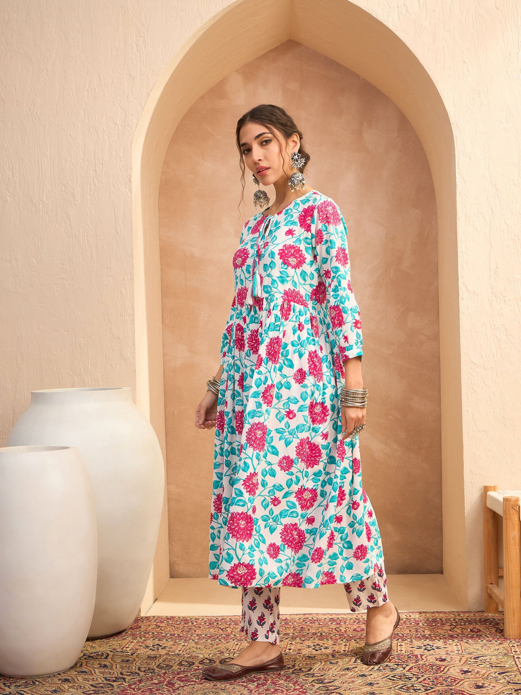 Off White Floral Gathered Kurta With Pencil Pants-Shae by SASSAFRAS