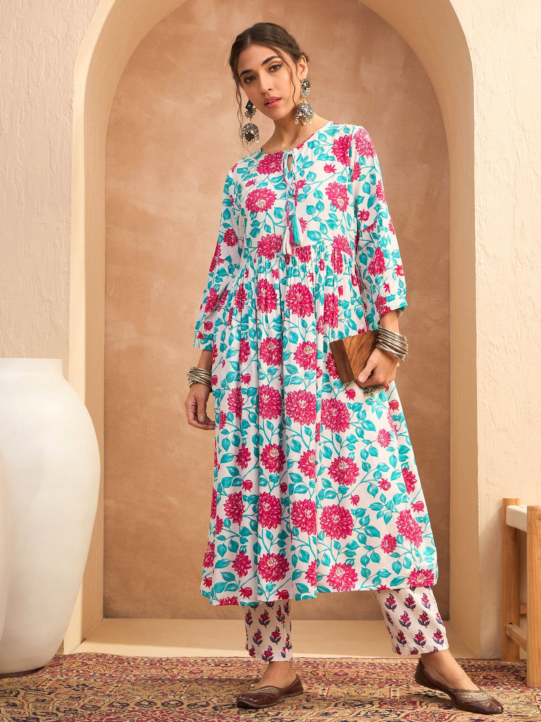 Off White Floral Gathered Kurta With Pencil Pants-Shae by SASSAFRAS