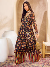 Black Floral Wrap Anarkali Kurta With Palazzos-Shae by SASSAFRAS