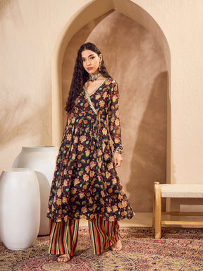 Black Floral Wrap Anarkali Kurta With Palazzos-Shae by SASSAFRAS