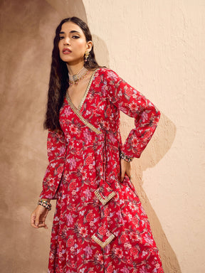 Red Floral Wrap Anarkali Kurta With Palazzos-Shae by SASSAFRAS