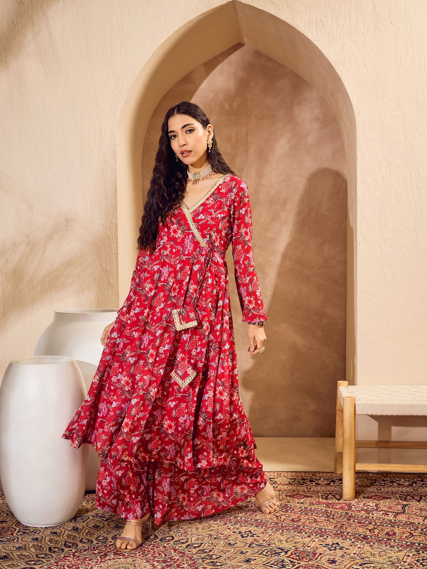 Red Floral Wrap Anarkali Kurta With Palazzos-Shae by SASSAFRAS