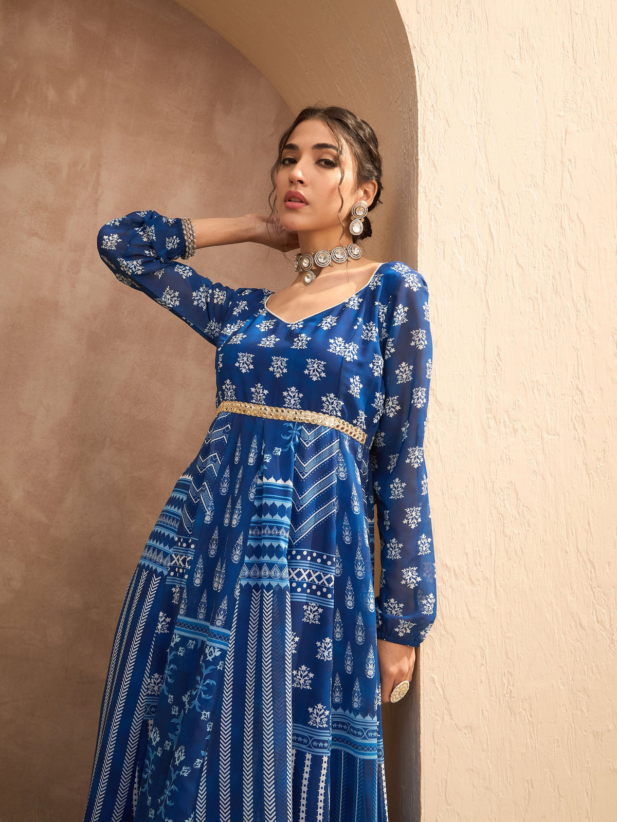 Blue Floral Sweetheart Neck Anarkali Kurta With Palazzos-Shae by SASSAFRAS