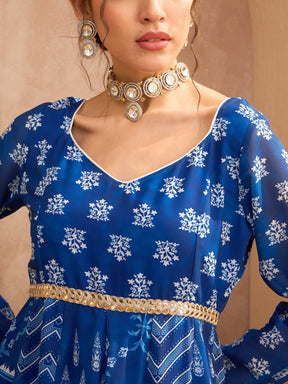 Blue Floral Sweetheart Neck Anarkali Kurta With Palazzos-Shae by SASSAFRAS