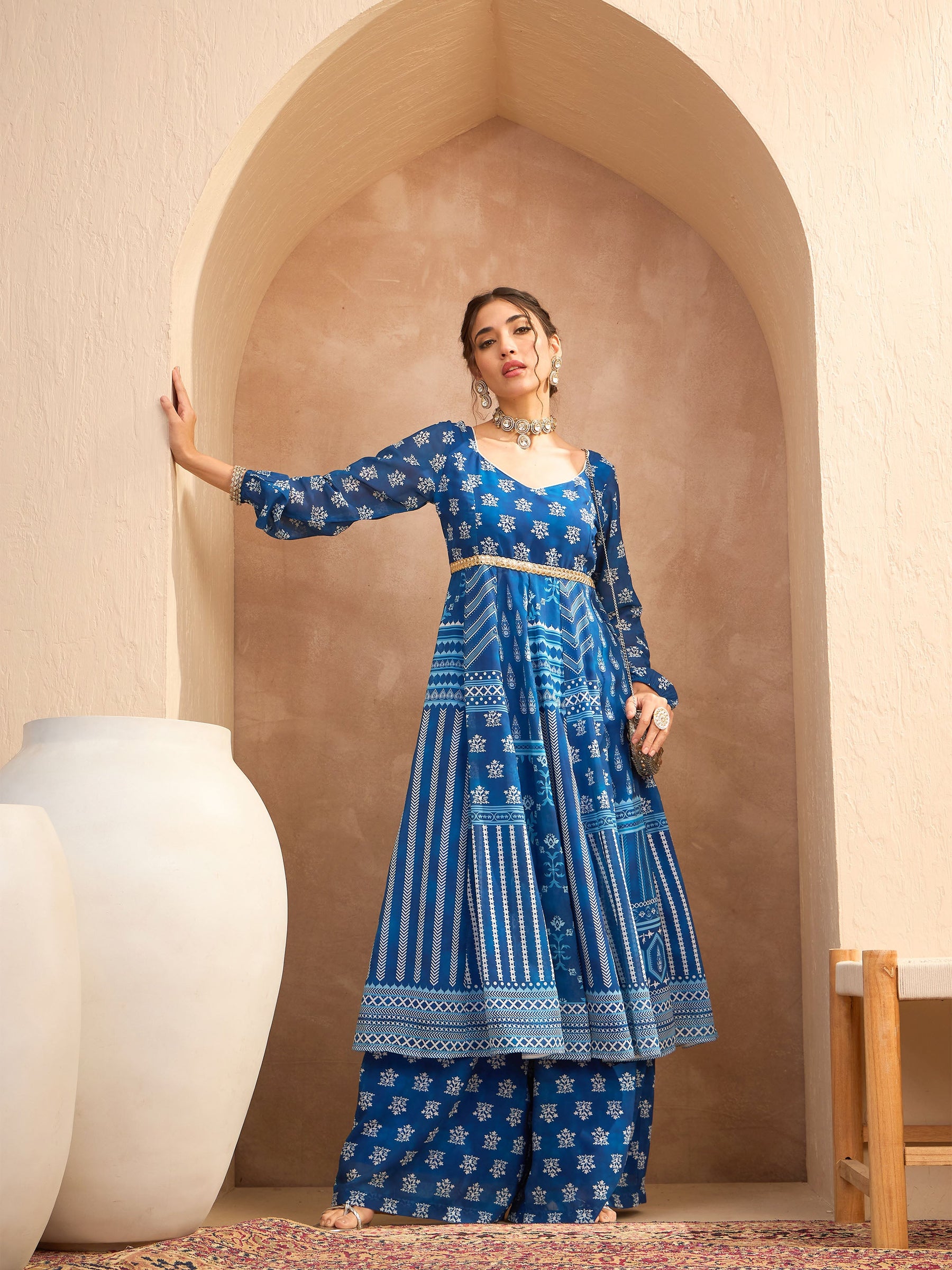 Blue Floral Sweetheart Neck Anarkali Kurta With Palazzos-Shae by SASSAFRAS