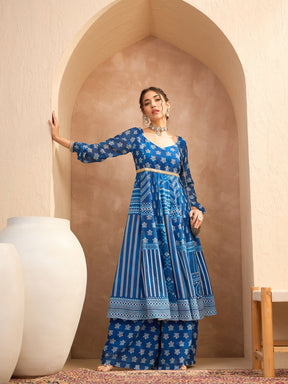 Blue Floral Sweetheart Neck Anarkali Kurta With Palazzos-Shae by SASSAFRAS