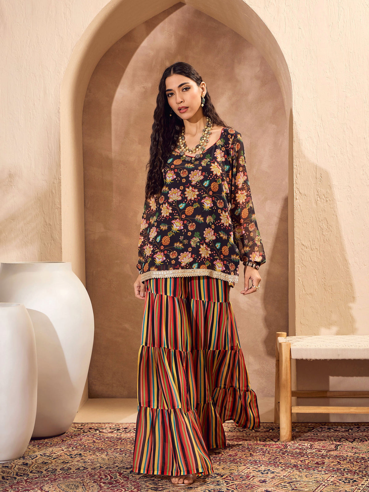 Black Floral Short Kurta With Tiered Sharara-Shae by SASSAFRAS