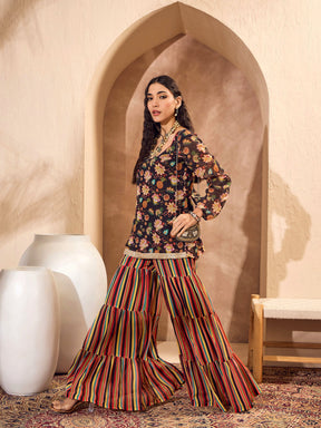 Black Floral Short Kurta With Tiered Sharara-Shae by SASSAFRAS